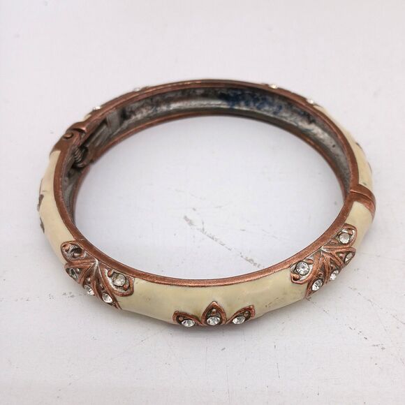 Vintage Enamel & Rhinestone Bangle Bracelet Hinged Art Deco Style Cream Copper - Picture 1 of 11